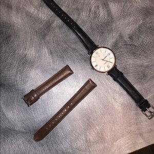 Black/silver fossil watch with brown strap inc.
